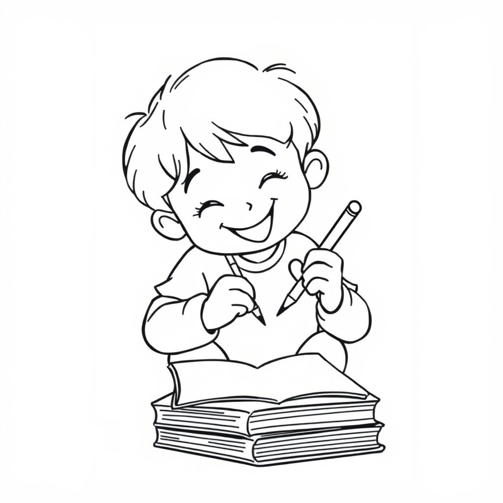 A child doing homework with a pencil, bent over notebook, clean lines, centered, no extra objects