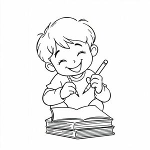 A child doing homework with a pencil, bent over notebook, clean lines, centered, no extra objects