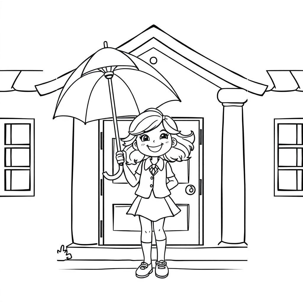 A girl holding umbrella at school entrance, wearing uniform, cartoon style outline, white background