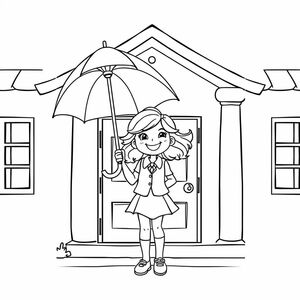 A girl holding umbrella at school entrance, wearing uniform, cartoon style outline, white background