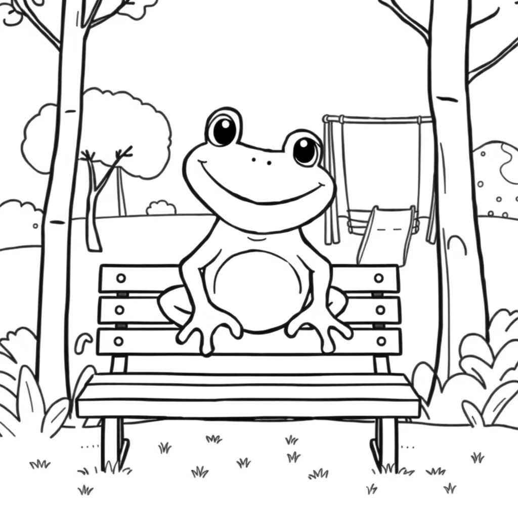 A cartoon frog sitting on a bench in a playground, simple shapes, clean drawing, white background


