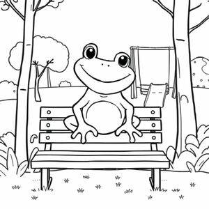 A cartoon frog sitting on a bench in a playground, simple shapes, clean drawing, white background

