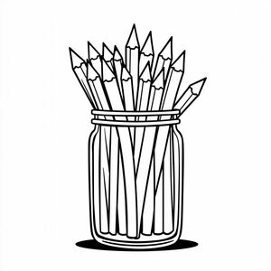 A jar full of sharpened pencils, thick outline cartoon drawing, clear and isolated