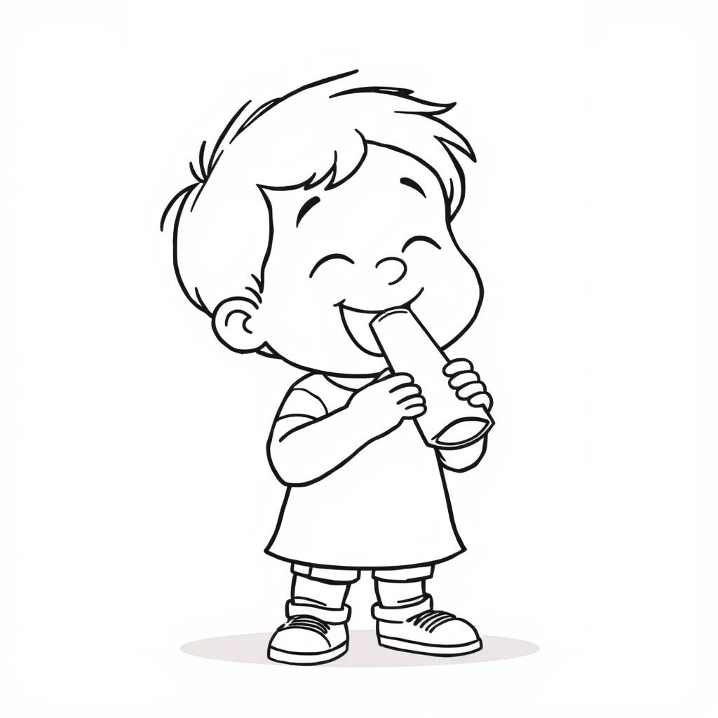 A child blowing into a paper whistle, cartoon black-and-white drawing, centered subject, no extras