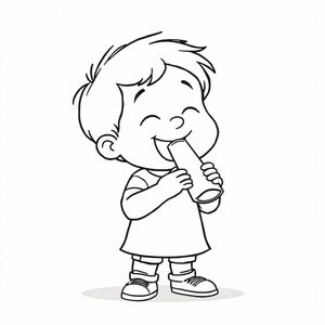 A child blowing into a paper whistle, cartoon black-and-white drawing, centered subject, no extras