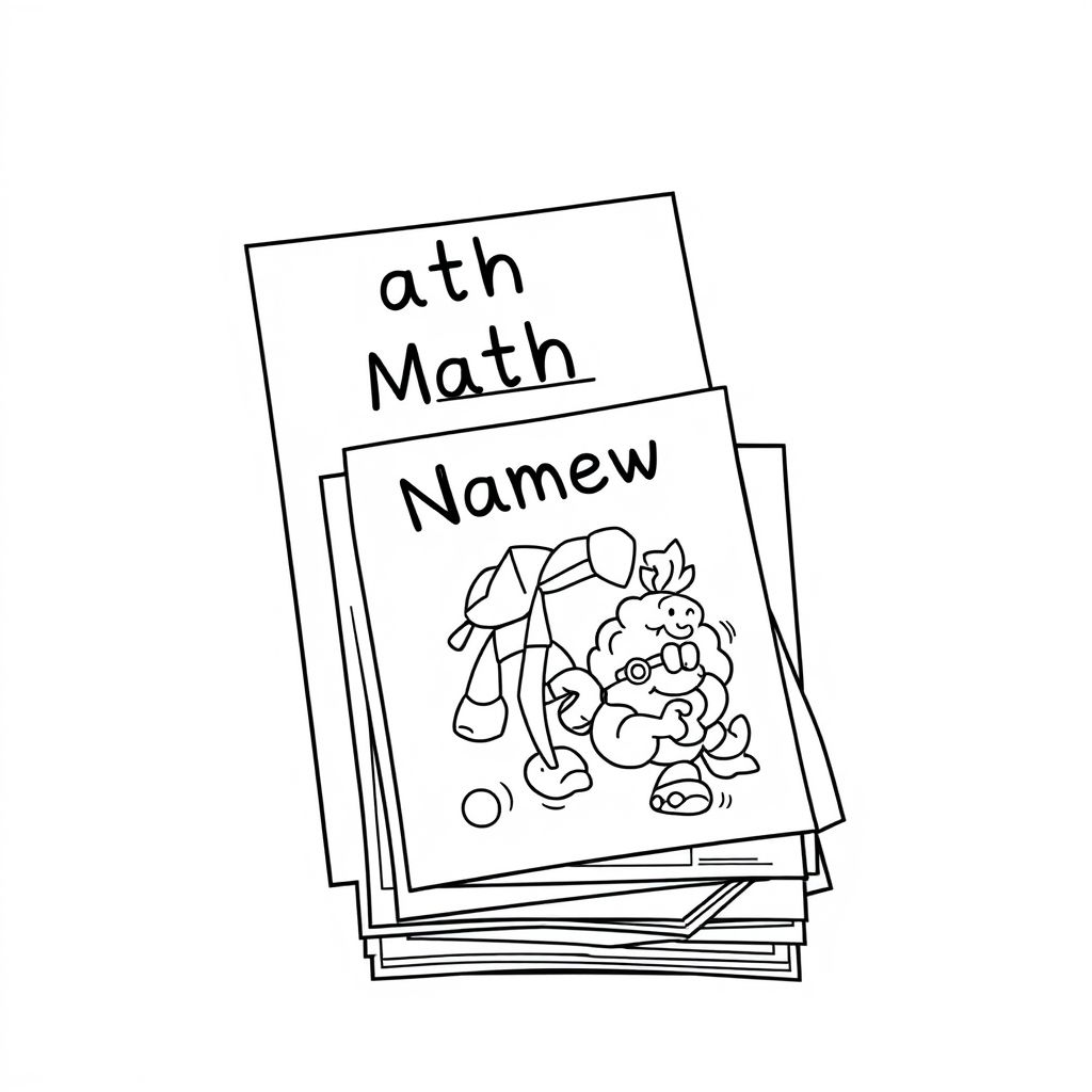A few homework pages with “Math” and “Name” written, cartoon pages stacked, minimal elements