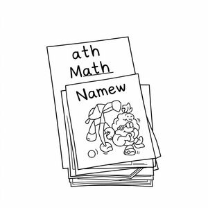 A few homework pages with “Math” and “Name” written, cartoon pages stacked, minimal elements