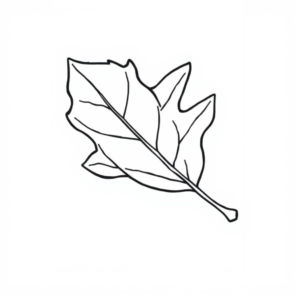 A falling autumn leaf with veins, cartoon black outline style, simple and clean