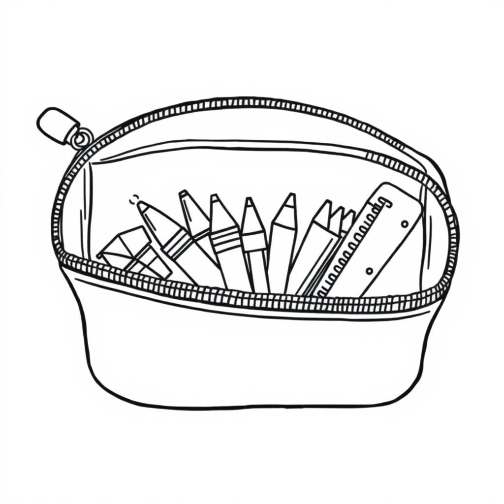 A zipped pencil case with items inside visible, top view, cartoon style, clear lines