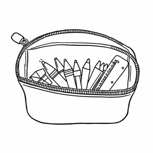 A zipped pencil case with items inside visible, top view, cartoon style, clear lines