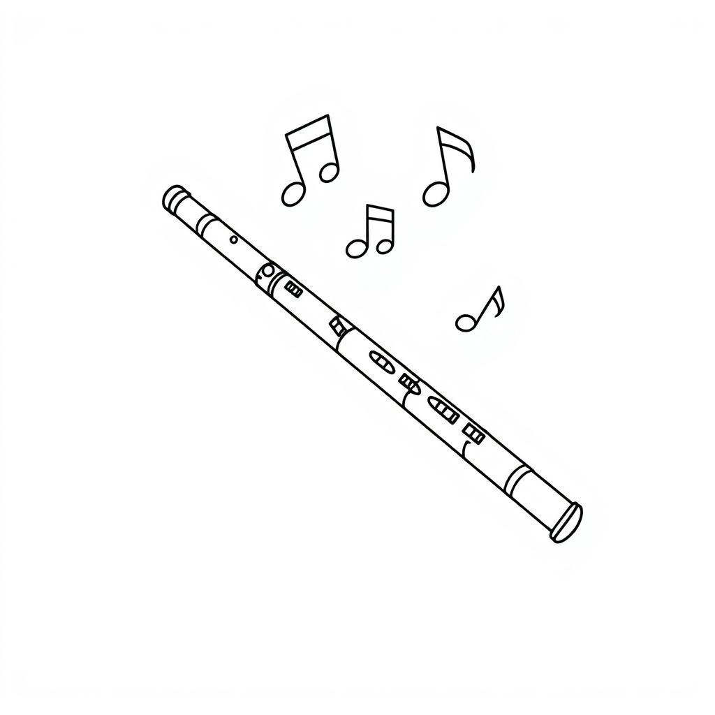 A musical flute with floating music notes, simple shape, black outlines, white background