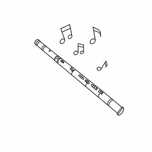 A musical flute with floating music notes, simple shape, black outlines, white background