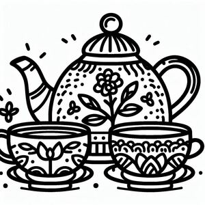 A black and white drawing of a tea pot and two cups