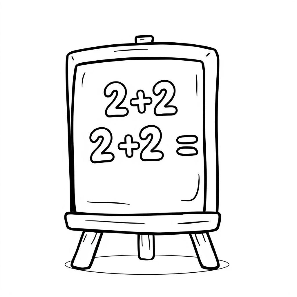 A math board with “2 + 2 =” written on it, cartoon style, centered layout, bold outline