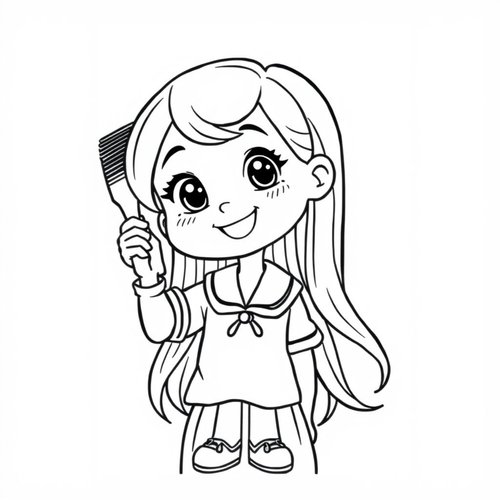 A girl brushing her hair in school uniform, cartoon face, basic shape, white background