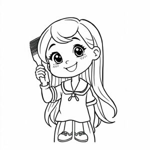 A girl brushing her hair in school uniform, cartoon face, basic shape, white background