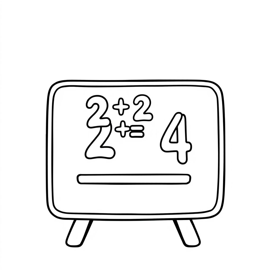 A math board with “2+2 = 4(4 same large )” written on it, cartoon style, centered layout, bold outline