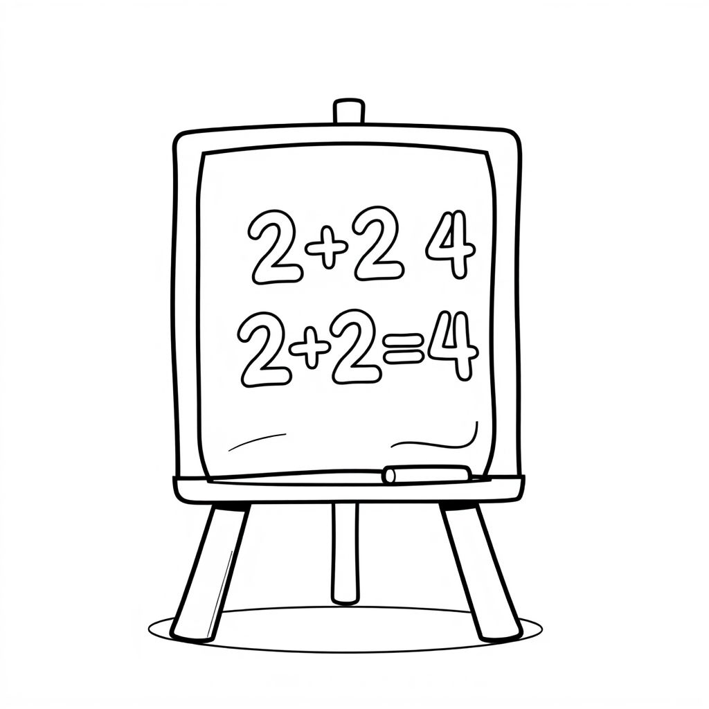 A math board with “2+2=4” written on it, cartoon style, centered layout, bold outline