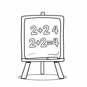 A math board with “2+2=4” written on it, cartoon style, centered layout, bold outline