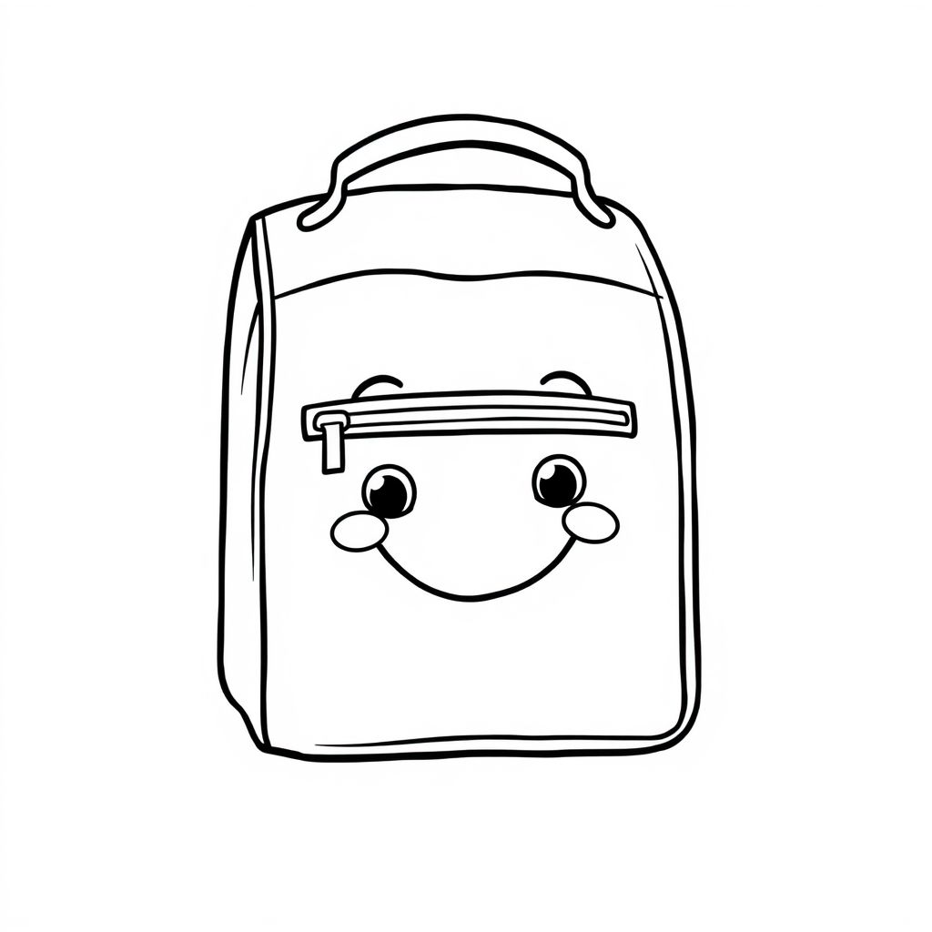 A smiling lunch bag with zipper, cartoon character style, cute shape, centered
