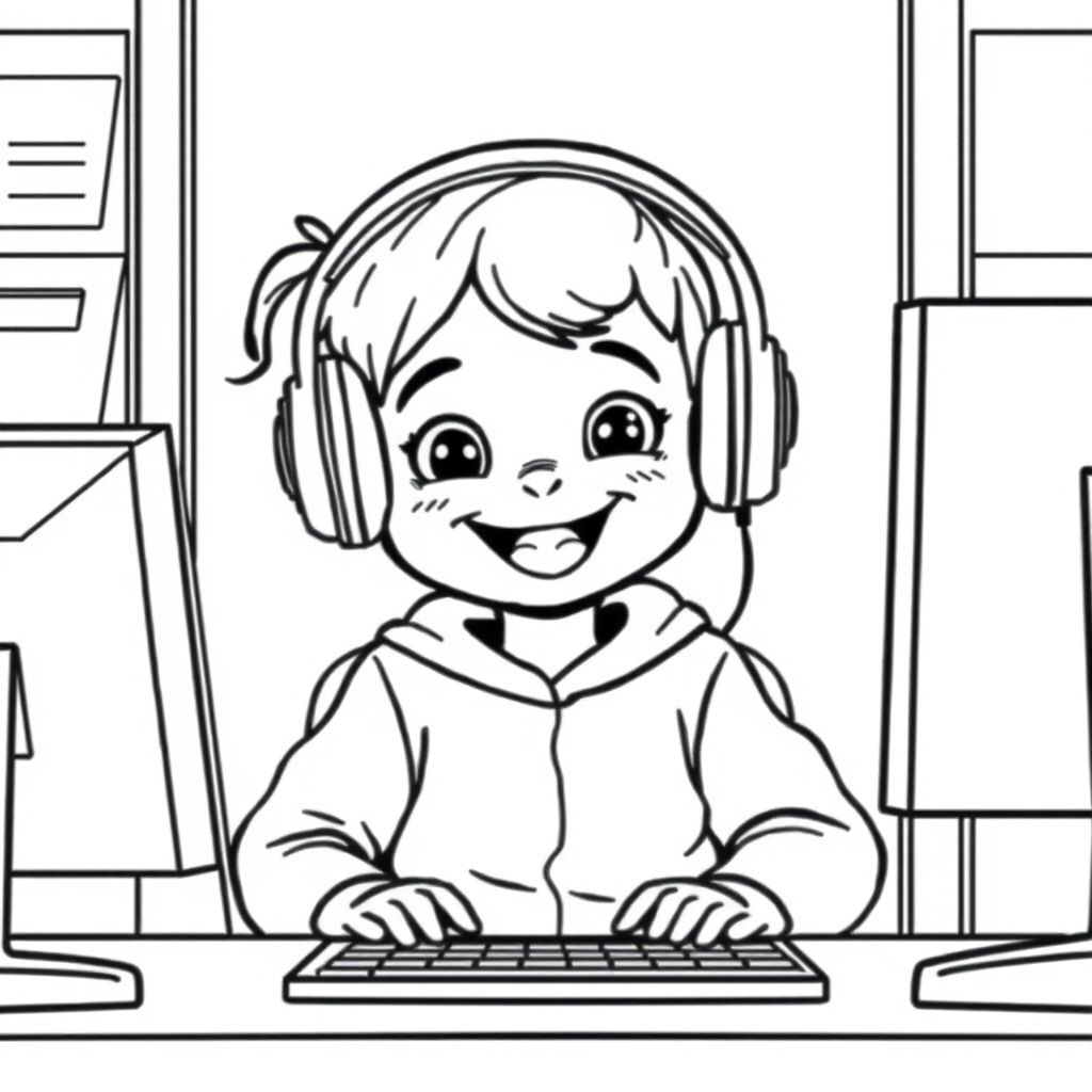 A child wearing headphones in computer lab, cartoon face, simple line art, no background objects