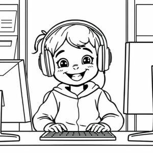 A child wearing headphones in computer lab, cartoon face, simple line art, no background objects