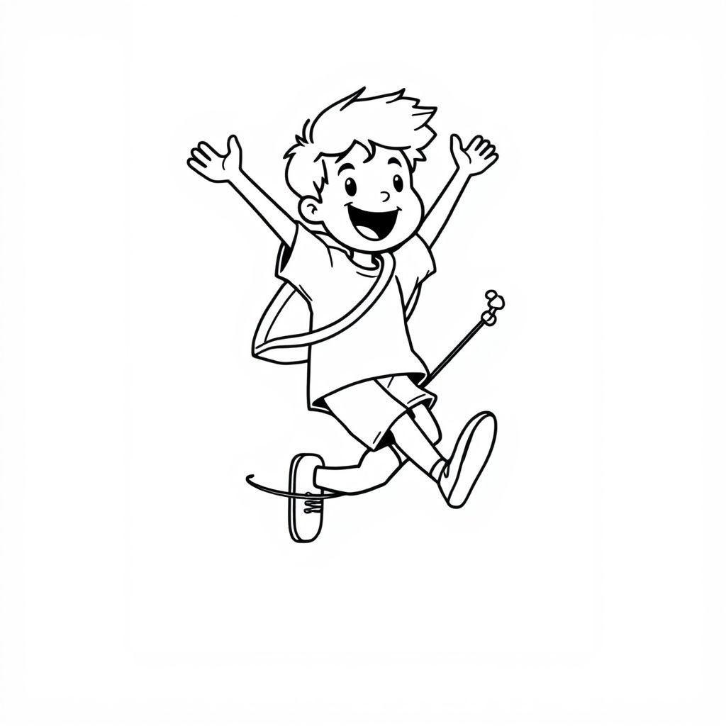 A student jumping rope, simple pose, black-and-white cartoon style, single character