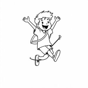 A student jumping rope, simple pose, black-and-white cartoon style, single character