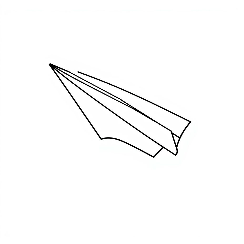 A paper airplane flying diagonally, cartoon outline, with flight trail, white background