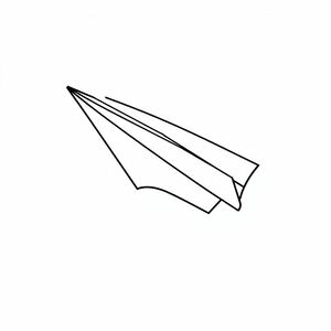 A paper airplane flying diagonally, cartoon outline, with flight trail, white background