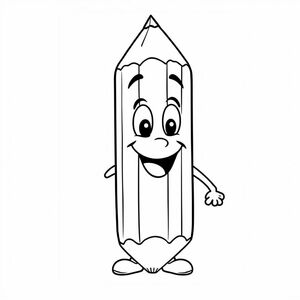 A giant smiling pencil with face and hands, cartoon character design, bold outline