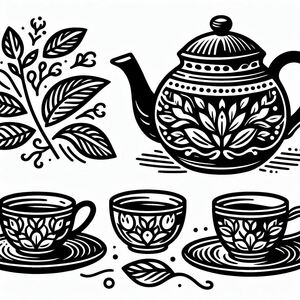 A black and white drawing of a tea set