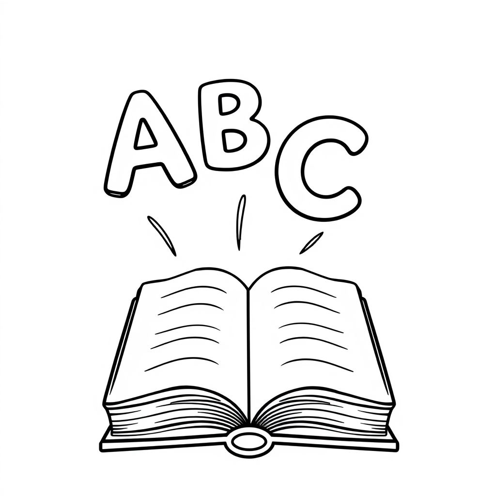 An open book with floating letters “A B C” above it, simple cartoon design, clear space