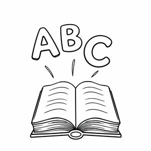 An open book with floating letters “A B C” above it, simple cartoon design, clear space