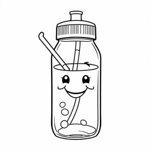 A cute water bottle with smiley face and straw, cartoon style, thick lines, white background
