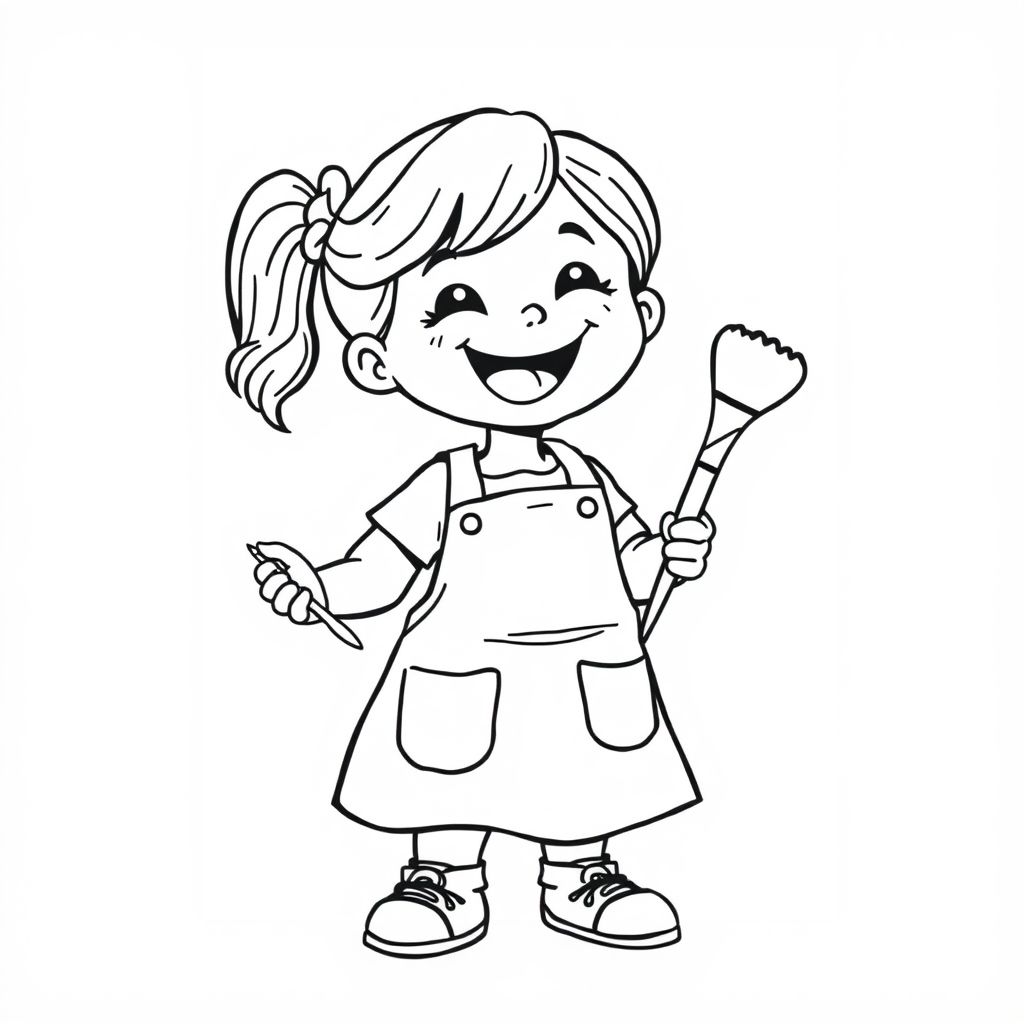 A girl in art apron holding a paintbrush, cartoon line art, cheerful face, white background