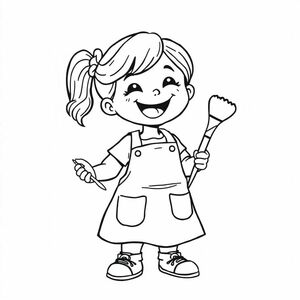 A girl in art apron holding a paintbrush, cartoon line art, cheerful face, white background