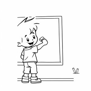 A boy wiping chalkboard with eraser, cartoon line drawing, simple pose, no clutter
