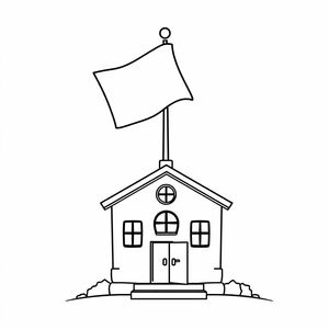 A small flag waving on a pole atop a school, cartoon triangle flag, white background