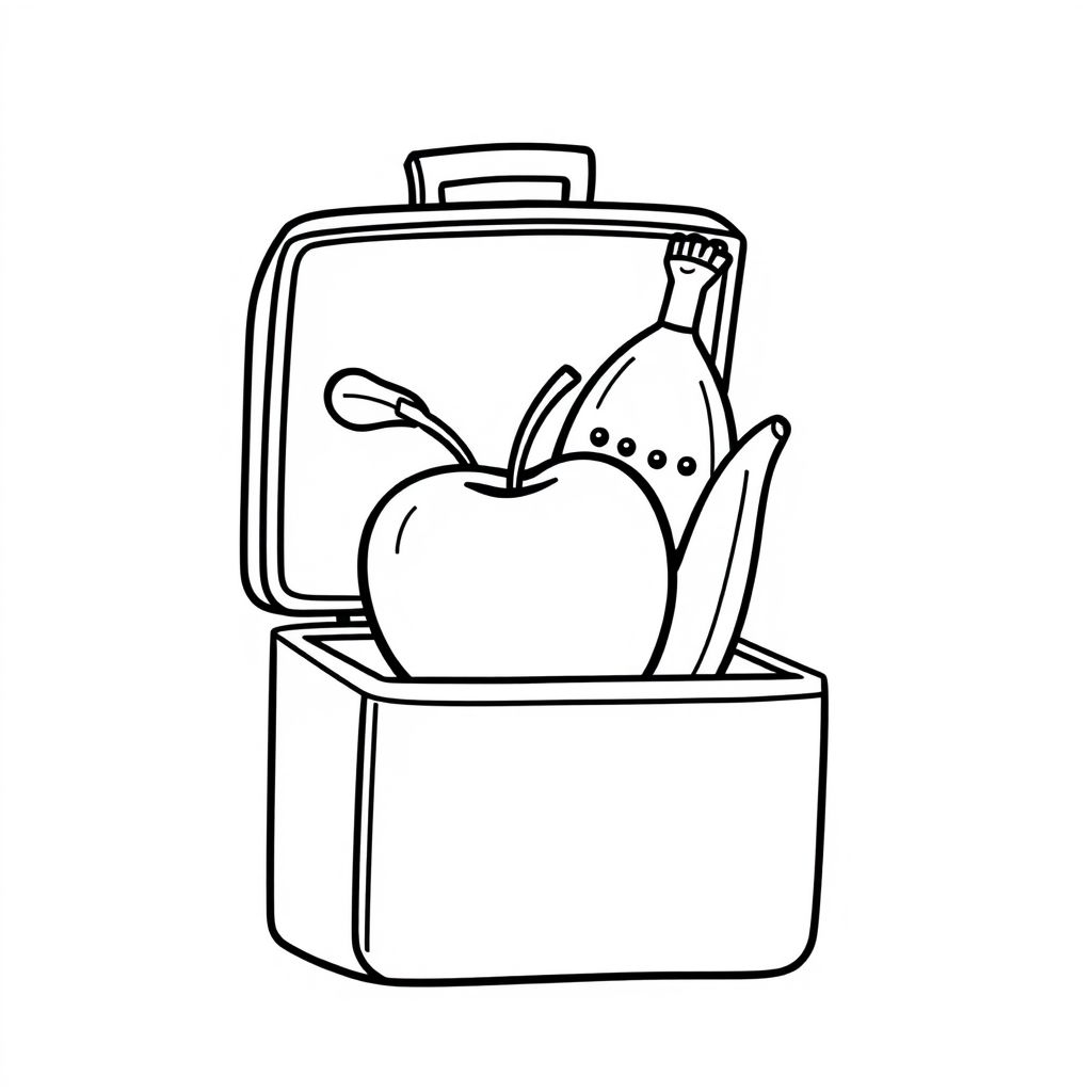 An apple and banana in a lunchbox, cartoon food style, outlined drawing, clear composition