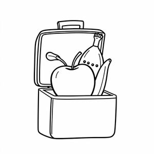 An apple and banana in a lunchbox, cartoon food style, outlined drawing, clear composition