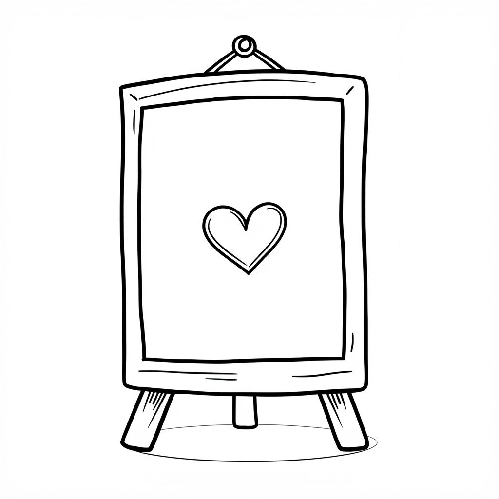 A chalkboard with a heart drawn on it, cartoon outline, simple rectangular board