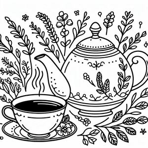A black and white drawing of a teapot and a cup of coffee