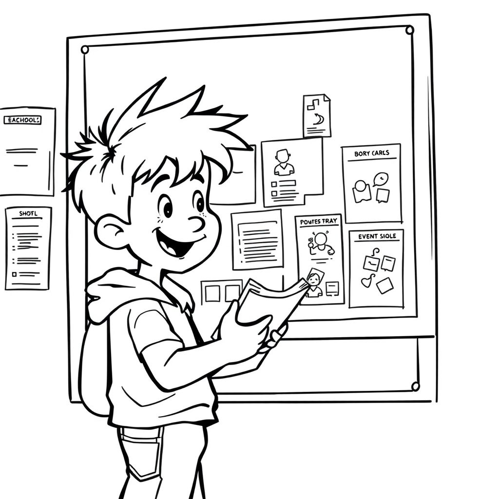  A boy reading a school noticeboard, cartoon-style, few details, white background