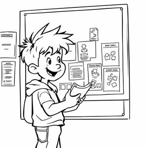  A boy reading a school noticeboard, cartoon-style, few details, white background
