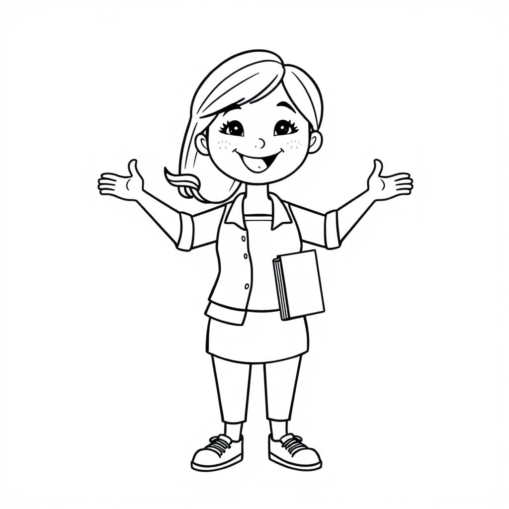 A smiling female teacher holding a book, front-facing cartoon outline, clean shapes