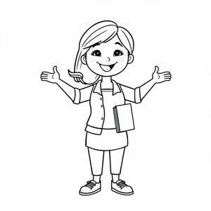 A smiling female teacher holding a book, front-facing cartoon outline, clean shapes