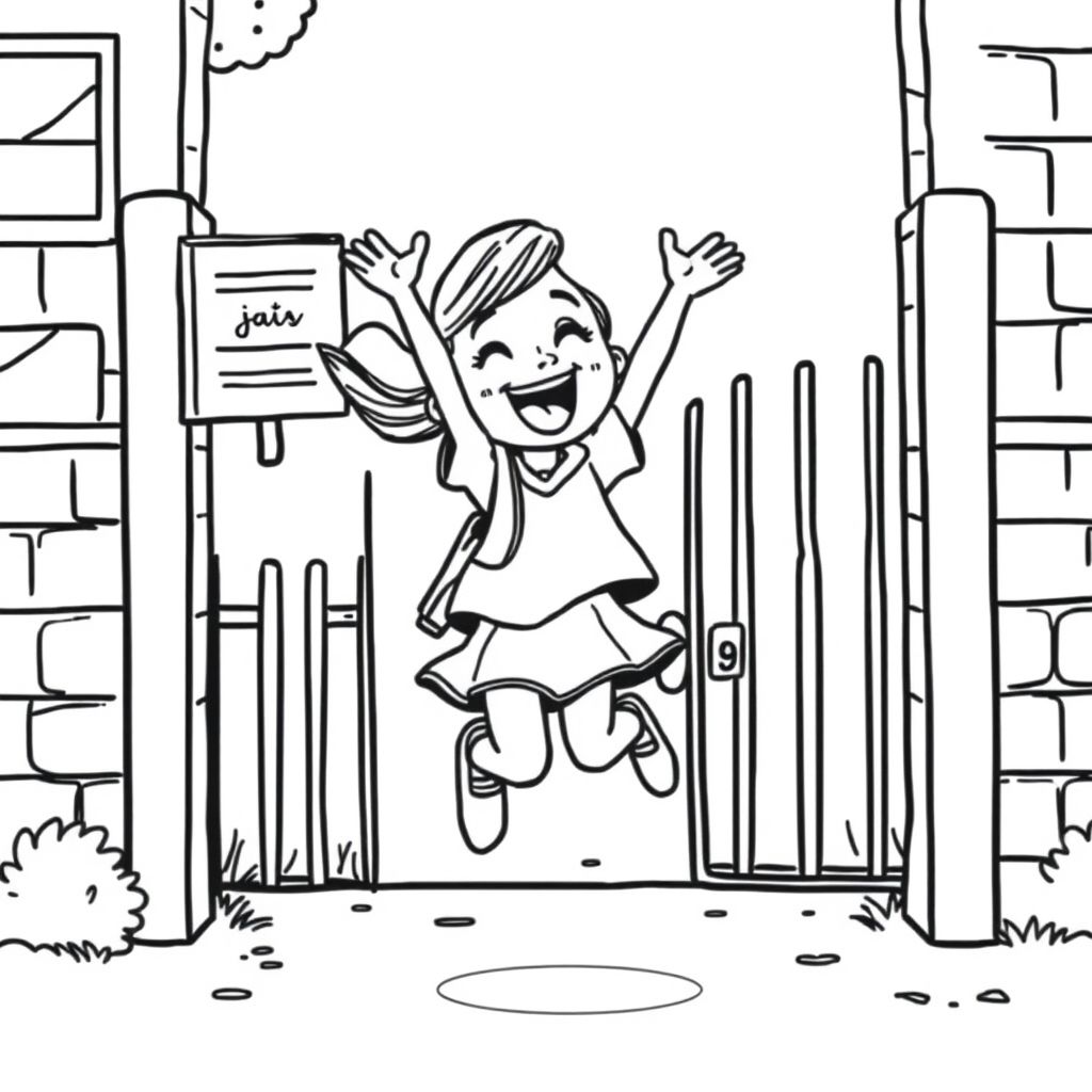 A girl jumping with joy near school gate, cartoon line drawing, excited face