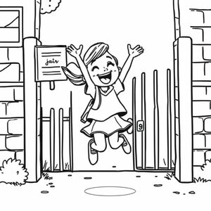 A girl jumping with joy near school gate, cartoon line drawing, excited face