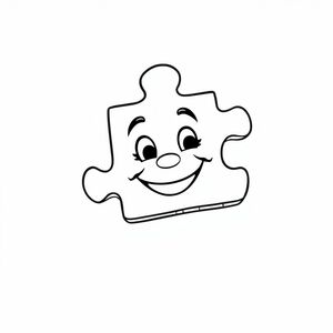 A puzzle piece with smiley face, cartoon object, bold lines, centered